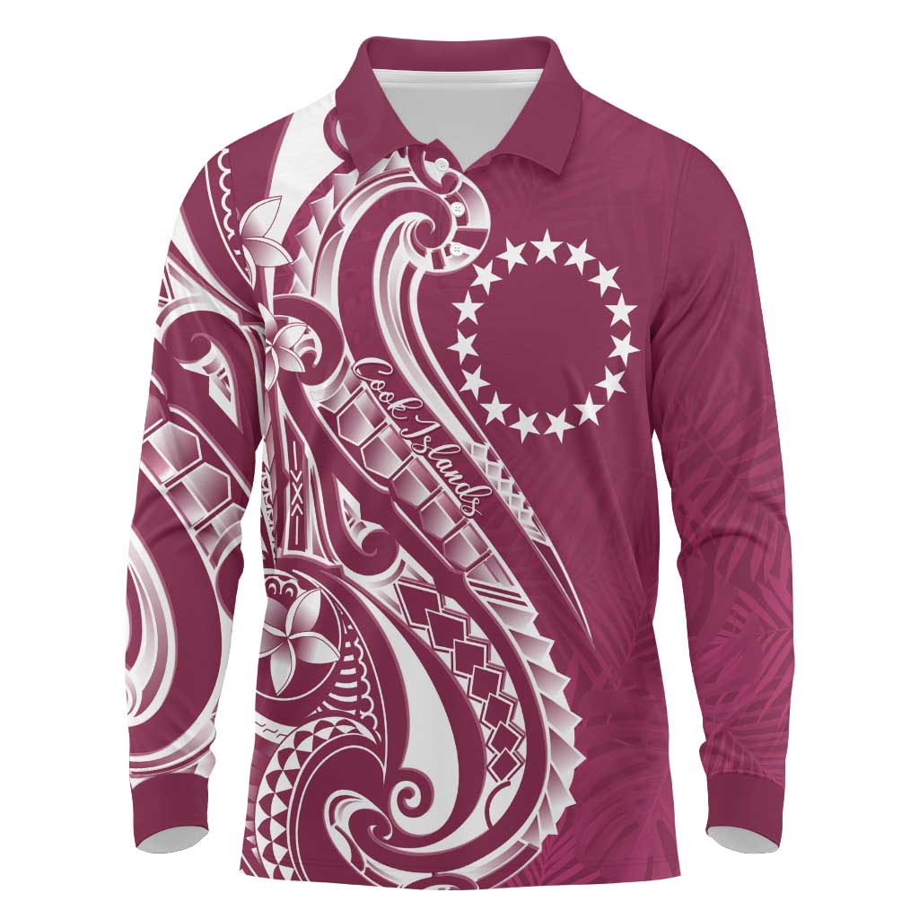 Kia Orana Cook Islands Long Sleeve Polo Shirt Maroon Plumeria Tropical Waves - Polynesian Pride