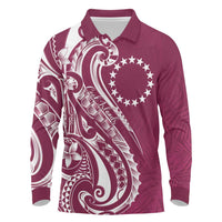 Kia Orana Cook Islands Long Sleeve Polo Shirt Maroon Plumeria Tropical Waves - Polynesian Pride