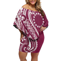 Kia Orana Cook Islands Off Shoulder Short Dress Maroon Plumeria Tropical Waves - Polynesian Pride