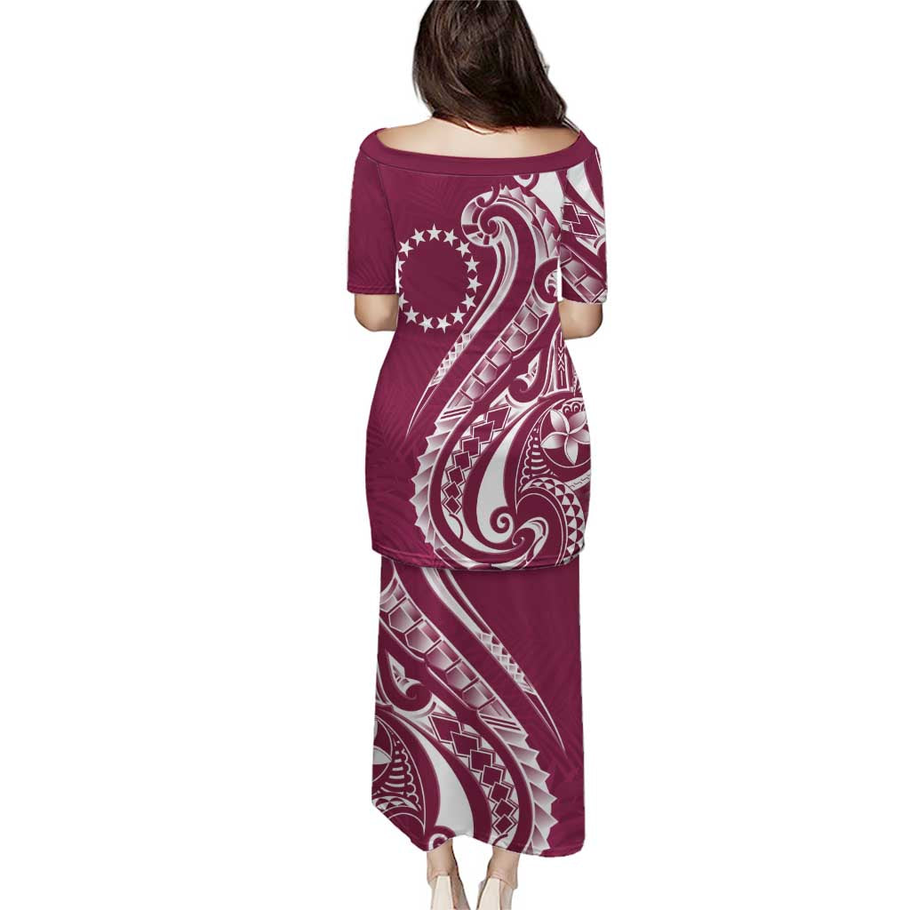 Kia Orana Cook Islands Puletasi Maroon Plumeria Tropical Waves - Polynesian Pride