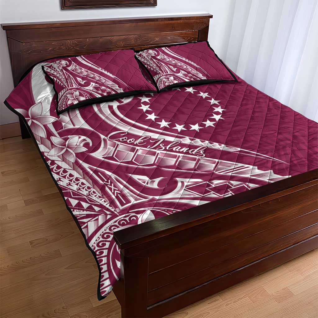Kia Orana Cook Islands Quilt Bed Set Maroon Plumeria Tropical Waves - Polynesian Pride
