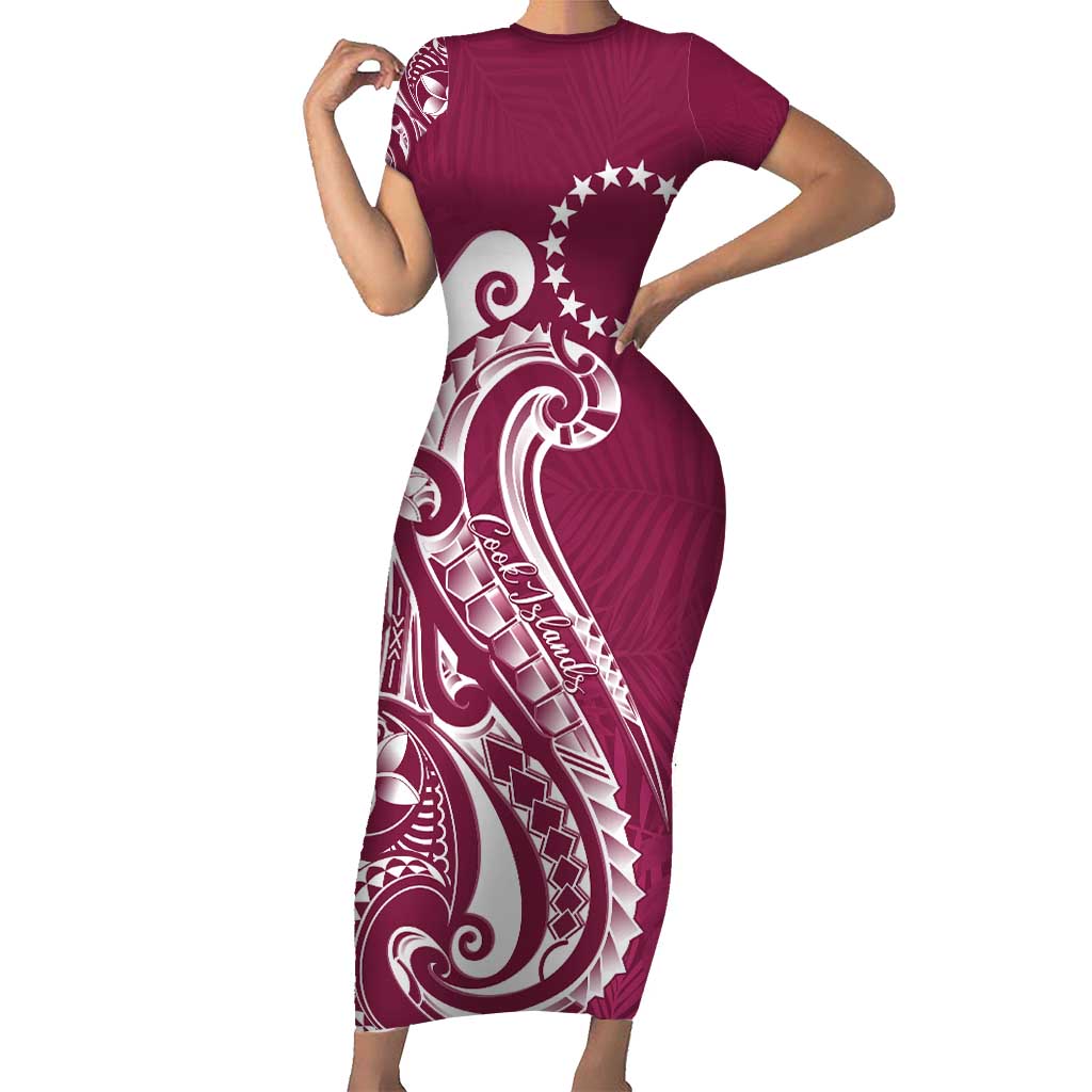 Kia Orana Cook Islands Short Sleeve Bodycon Dress Maroon Plumeria Tropical Waves - Polynesian Pride