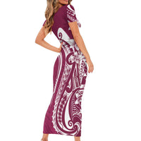 Kia Orana Cook Islands Short Sleeve Bodycon Dress Maroon Plumeria Tropical Waves - Polynesian Pride