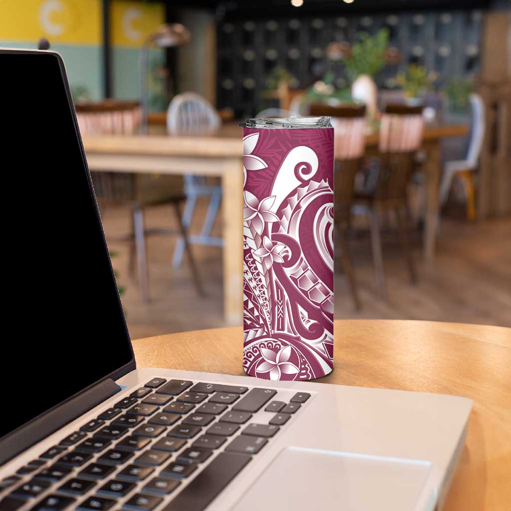 Kia Orana Cook Islands Skinny Tumbler Maroon Plumeria Tropical Waves - Polynesian Pride