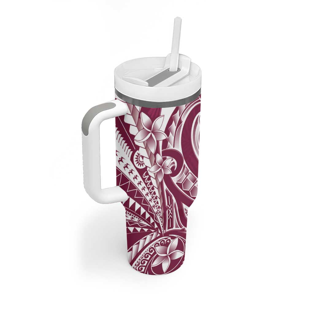 Kia Orana Cook Islands Tumbler With Handle Maroon Plumeria Tropical Waves - Polynesian Pride