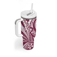 Kia Orana Cook Islands Tumbler With Handle Maroon Plumeria Tropical Waves - Polynesian Pride