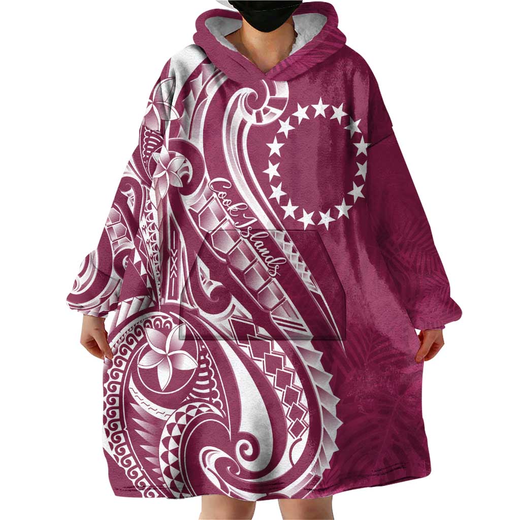 Kia Orana Cook Islands Wearable Blanket Hoodie Maroon Plumeria Tropical Waves - Polynesian Pride