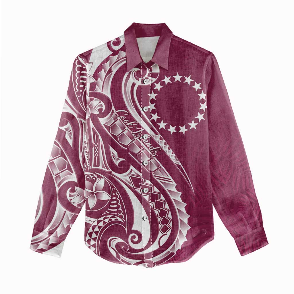 Kia Orana Cook Islands Women Casual Shirt Maroon Plumeria Tropical Waves - Polynesian Pride
