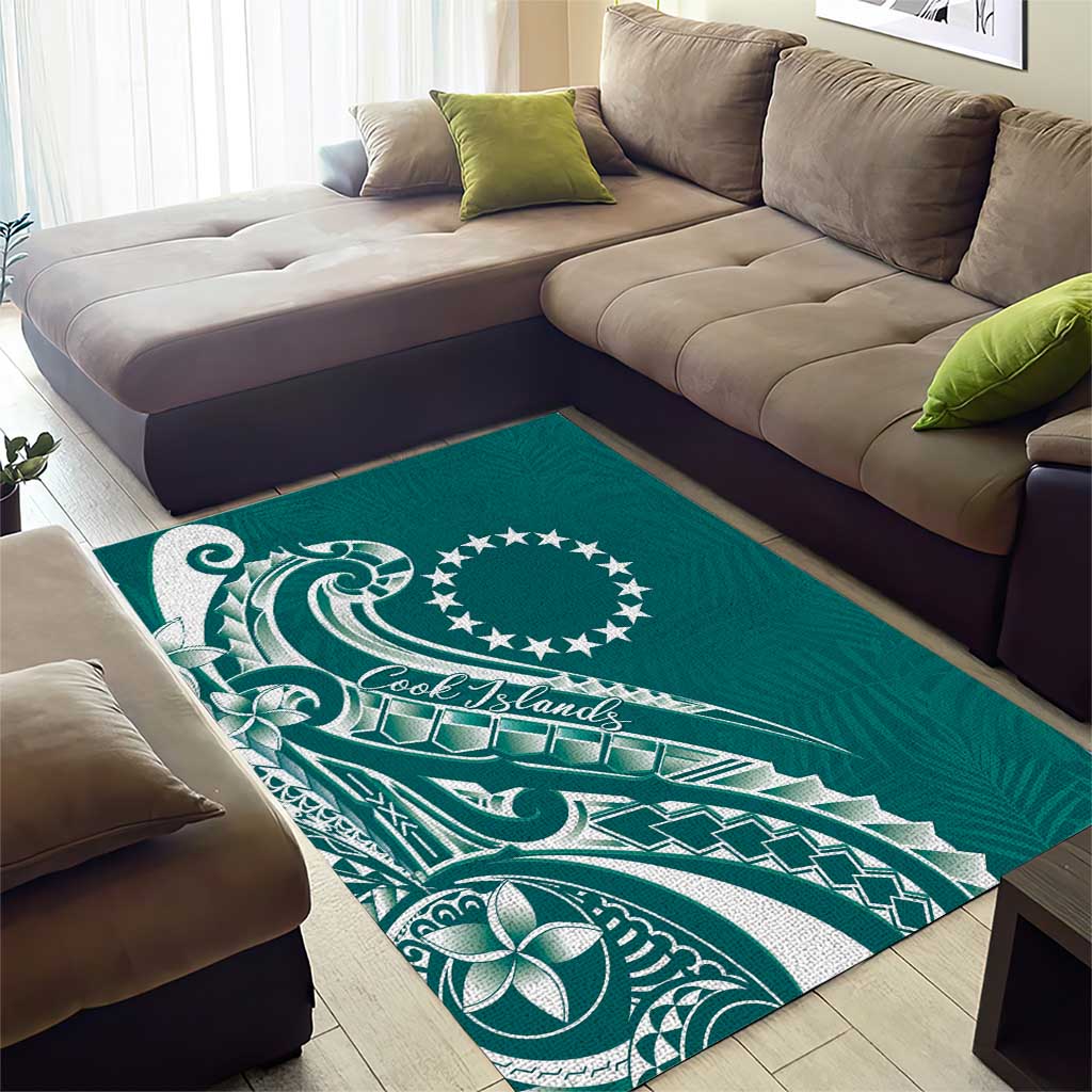 Kia Orana Cook Islands Area Rug Teal Plumeria Tropical Waves - Polynesian Pride