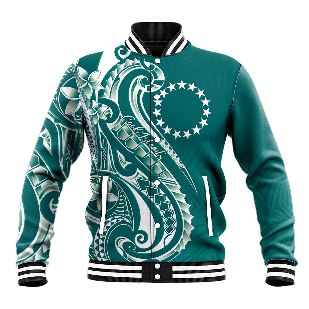 Kia Orana Cook Islands Baseball Jacket Teal Plumeria Tropical Waves - Polynesian Pride
