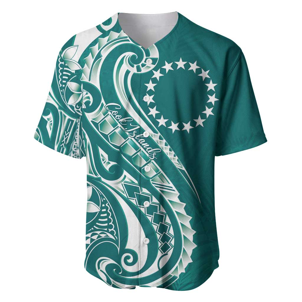 Kia Orana Cook Islands Baseball Jersey Teal Plumeria Tropical Waves - Polynesian Pride