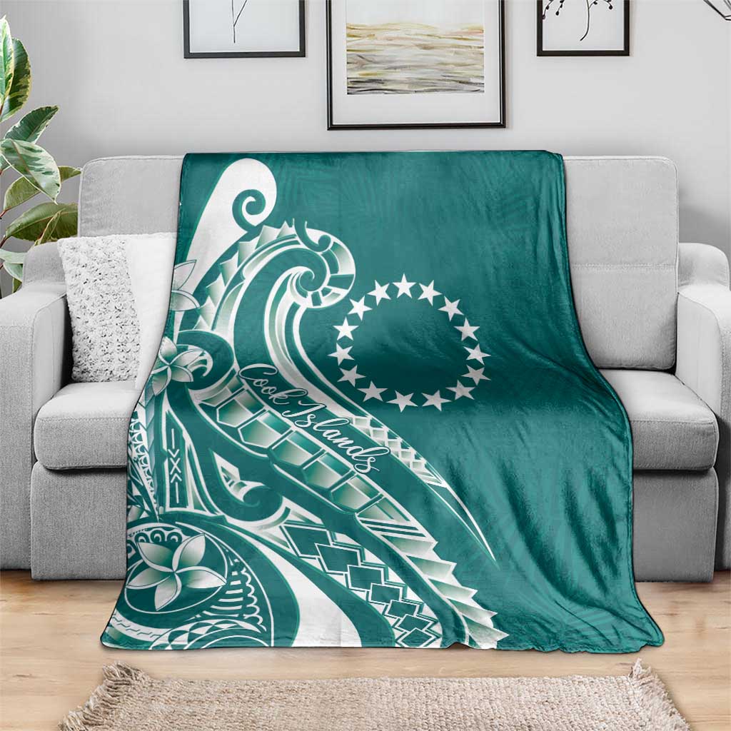 Kia Orana Cook Islands Blanket Teal Plumeria Tropical Waves - Polynesian Pride