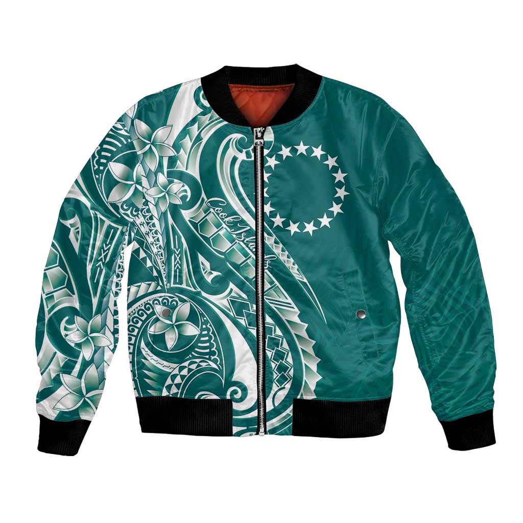 Kia Orana Cook Islands Bomber Jacket Teal Plumeria Tropical Waves - Polynesian Pride