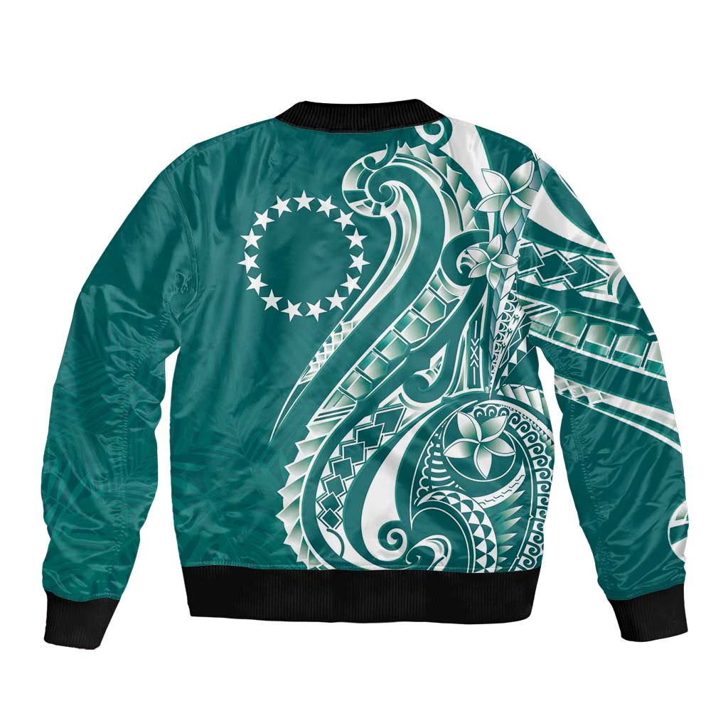 Kia Orana Cook Islands Bomber Jacket Teal Plumeria Tropical Waves - Polynesian Pride