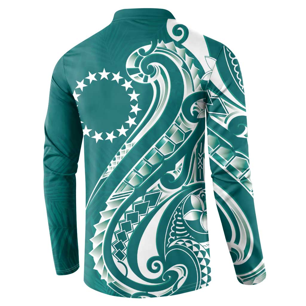 Kia Orana Cook Islands Button Sweatshirt Teal Plumeria Tropical Waves - Polynesian Pride