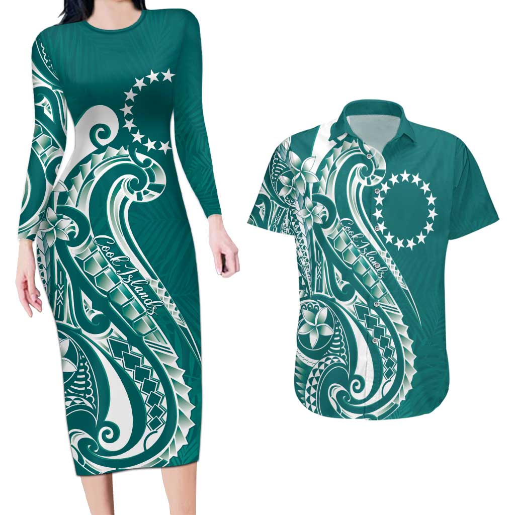 Kia Orana Cook Islands Couples Matching Long Sleeve Bodycon Dress and Hawaiian Shirt Teal Plumeria Tropical Waves - Polynesian Pride