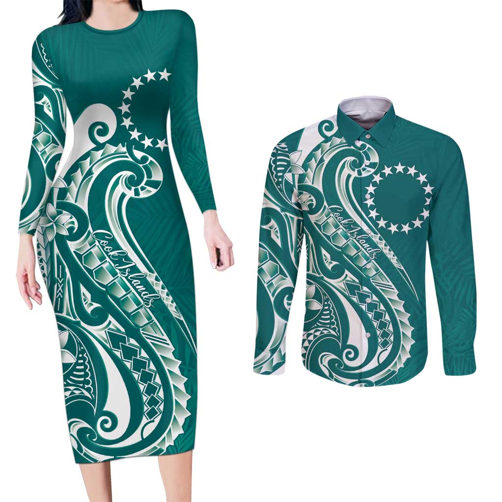 Kia Orana Cook Islands Couples Matching Long Sleeve Bodycon Dress and Long Sleeve Button Shirt Teal Plumeria Tropical Waves - Polynesian Pride
