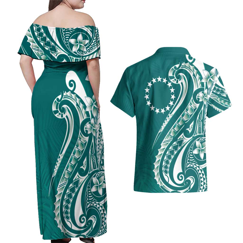 Kia Orana Cook Islands Couples Matching Off Shoulder Maxi Dress and Hawaiian Shirt Teal Plumeria Tropical Waves - Polynesian Pride