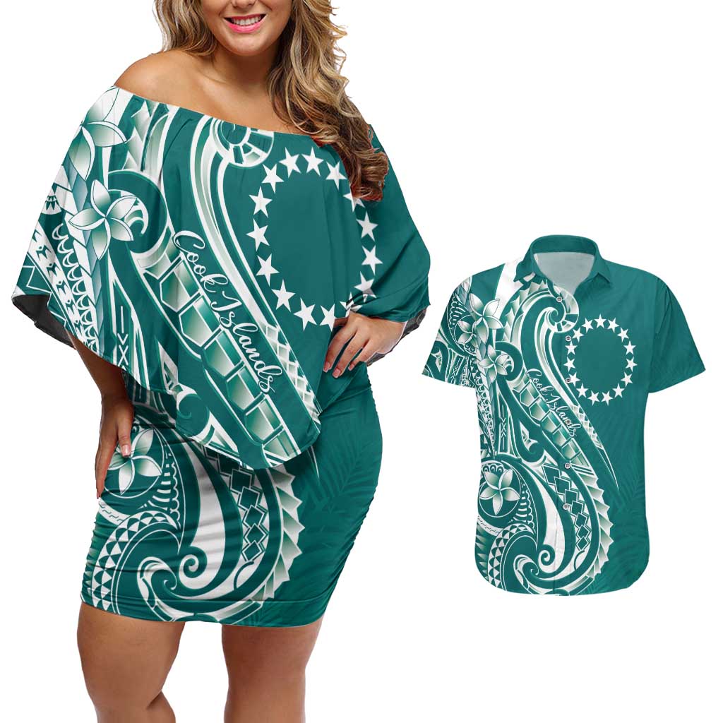 Kia Orana Cook Islands Couples Matching Off Shoulder Short Dress and Hawaiian Shirt Teal Plumeria Tropical Waves - Polynesian Pride