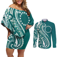 Kia Orana Cook Islands Couples Matching Off Shoulder Short Dress and Long Sleeve Button Shirt Teal Plumeria Tropical Waves - Polynesian Pride