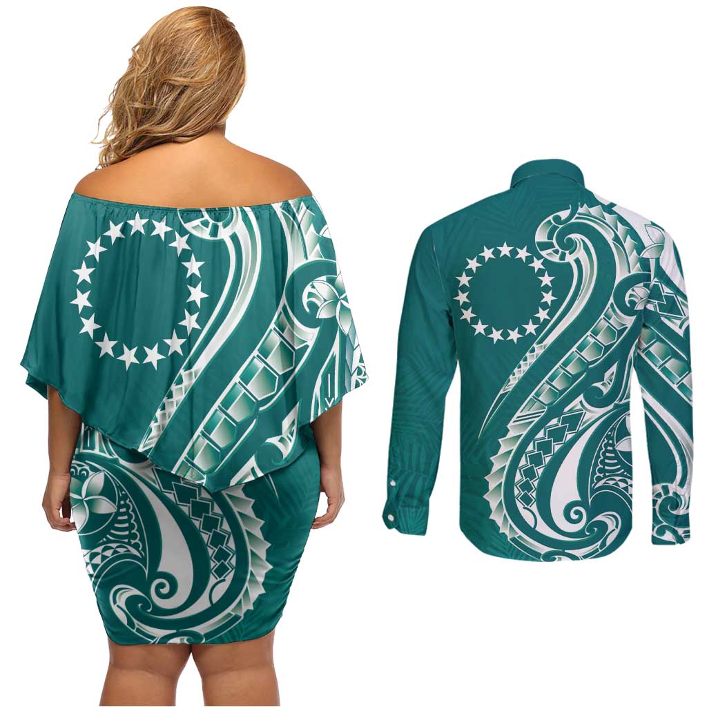Kia Orana Cook Islands Couples Matching Off Shoulder Short Dress and Long Sleeve Button Shirt Teal Plumeria Tropical Waves - Polynesian Pride