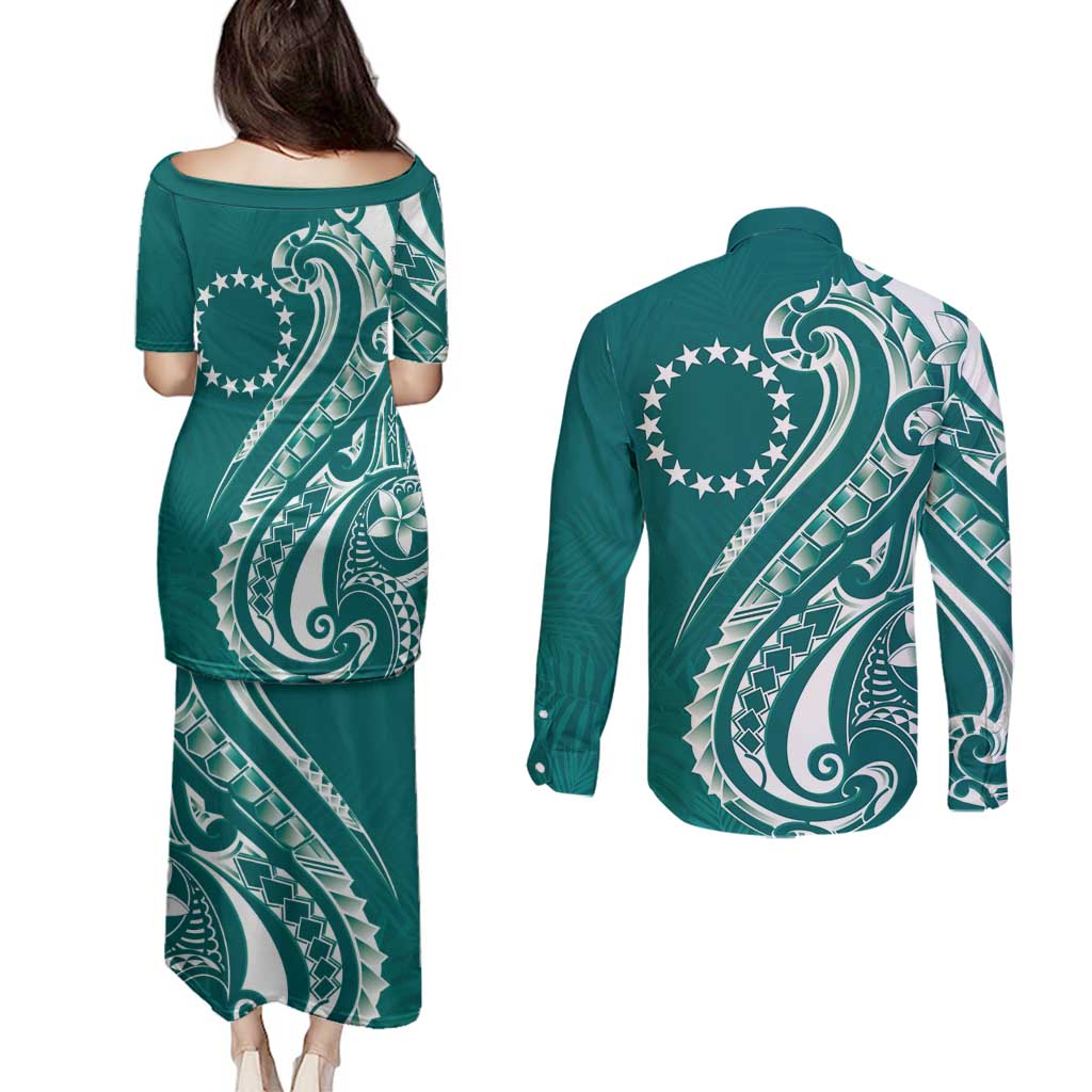 Kia Orana Cook Islands Couples Matching Puletasi and Long Sleeve Button Shirt Teal Plumeria Tropical Waves - Polynesian Pride