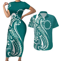 Kia Orana Cook Islands Couples Matching Short Sleeve Bodycon Dress and Hawaiian Shirt Teal Plumeria Tropical Waves - Polynesian Pride