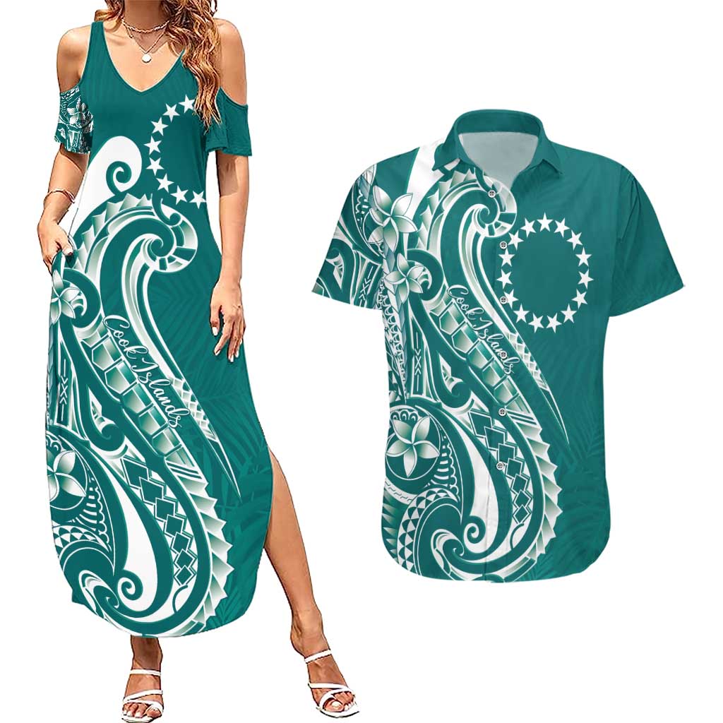 Kia Orana Cook Islands Couples Matching Summer Maxi Dress and Hawaiian Shirt Teal Plumeria Tropical Waves - Polynesian Pride