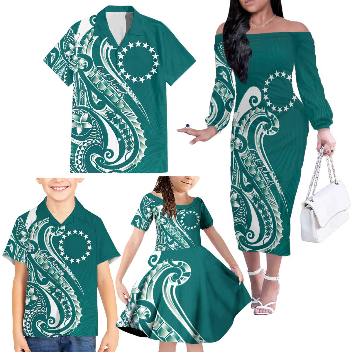 Kia Orana Cook Islands Family Matching Off The Shoulder Long Sleeve Dress and Hawaiian Shirt Teal Plumeria Tropical Waves - Polynesian Pride