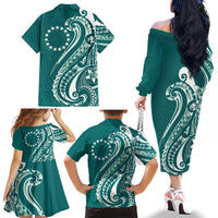 Kia Orana Cook Islands Family Matching Off The Shoulder Long Sleeve Dress and Hawaiian Shirt Teal Plumeria Tropical Waves - Polynesian Pride