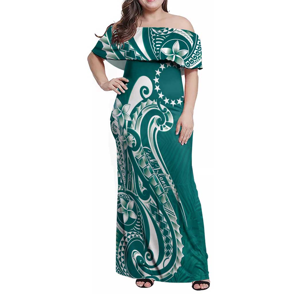 Kia Orana Cook Islands Family Matching Off Shoulder Maxi Dress and Hawaiian Shirt Teal Plumeria Tropical Waves - Polynesian Pride