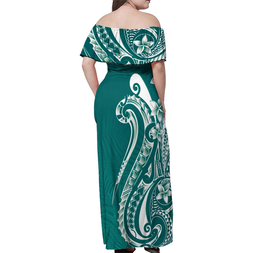 Kia Orana Cook Islands Family Matching Off Shoulder Maxi Dress and Hawaiian Shirt Teal Plumeria Tropical Waves - Polynesian Pride
