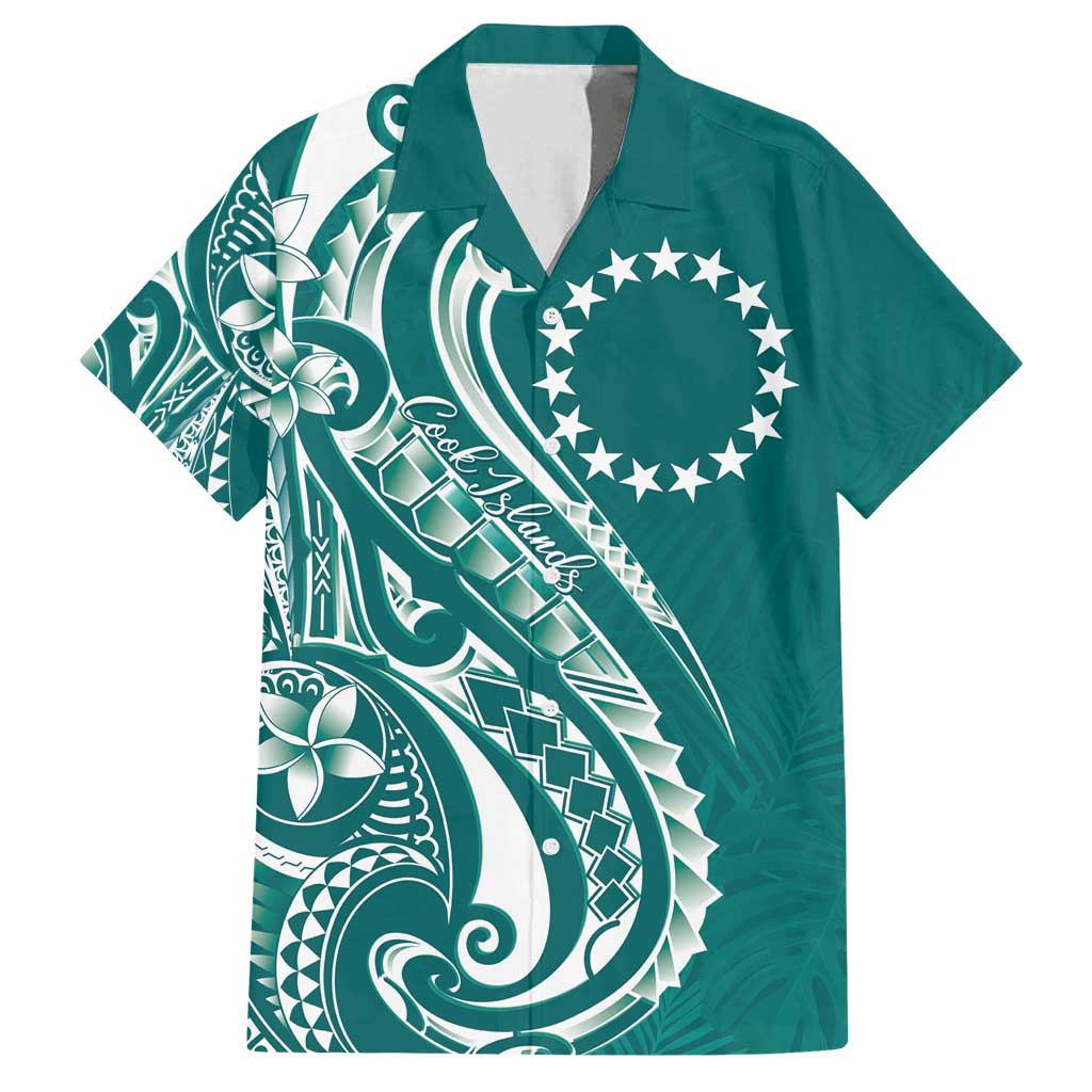 Kia Orana Cook Islands Family Matching Off Shoulder Short Dress and Hawaiian Shirt Teal Plumeria Tropical Waves - Polynesian Pride