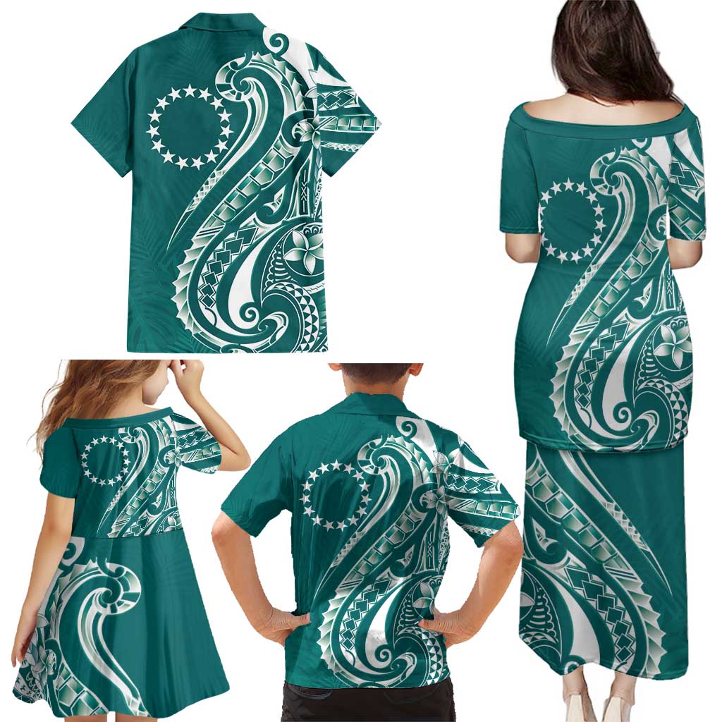 Kia Orana Cook Islands Family Matching Puletasi and Hawaiian Shirt Teal Plumeria Tropical Waves - Polynesian Pride