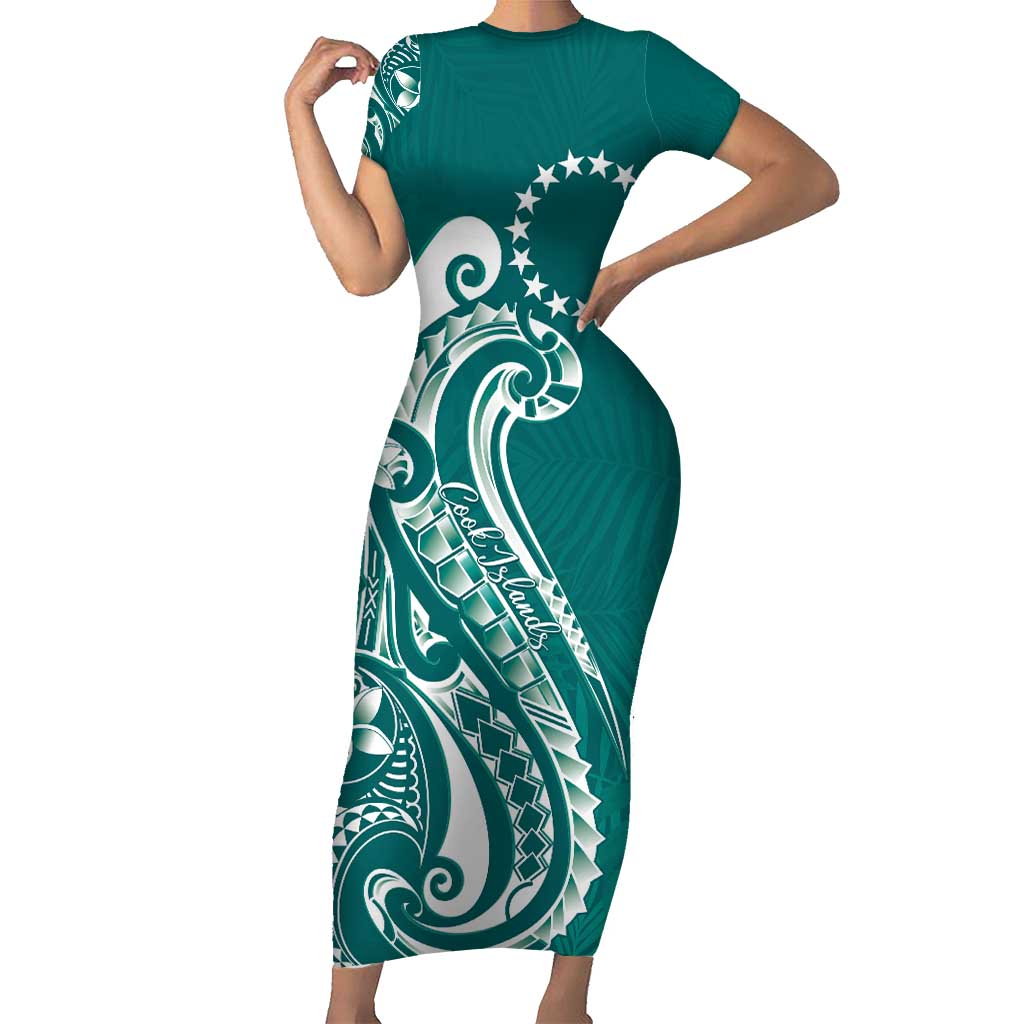 Kia Orana Cook Islands Family Matching Short Sleeve Bodycon Dress and Hawaiian Shirt Teal Plumeria Tropical Waves - Polynesian Pride