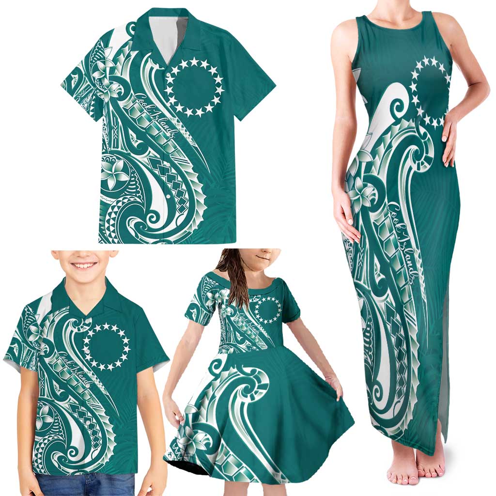 Kia Orana Cook Islands Family Matching Tank Maxi Dress and Hawaiian Shirt Teal Plumeria Tropical Waves - Polynesian Pride