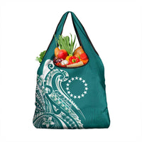 Kia Orana Cook Islands Grocery Bag Teal Plumeria Tropical Waves - Polynesian Pride