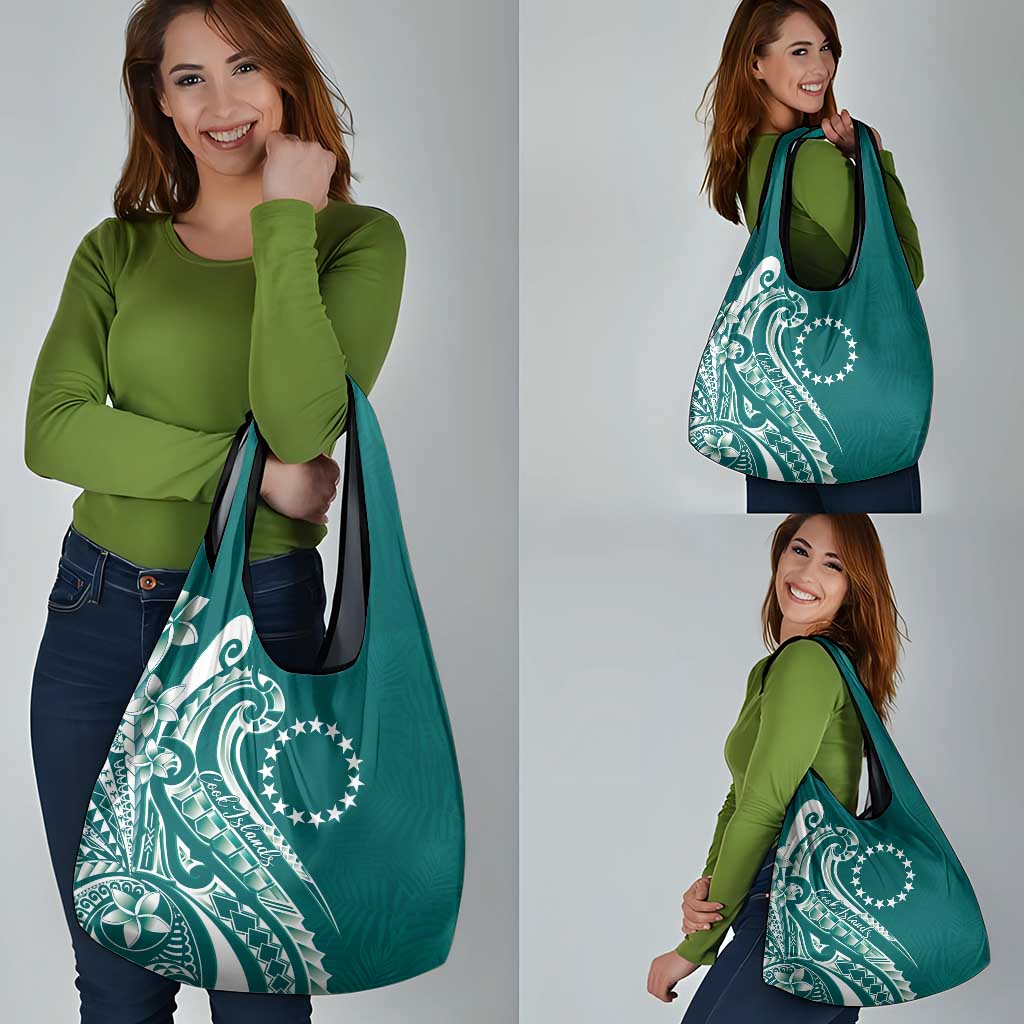 Kia Orana Cook Islands Grocery Bag Teal Plumeria Tropical Waves - Polynesian Pride