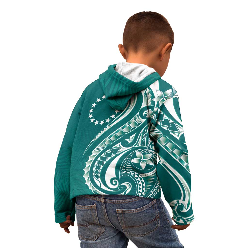 Kia Orana Cook Islands Kid Hoodie Teal Plumeria Tropical Waves - Polynesian Pride