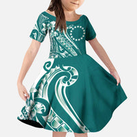 Kia Orana Cook Islands Kid Short Sleeve Dress Teal Plumeria Tropical Waves - Polynesian Pride
