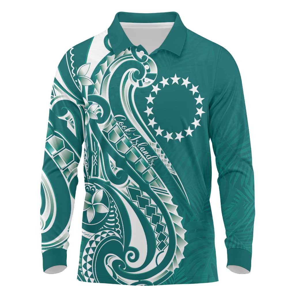 Kia Orana Cook Islands Long Sleeve Polo Shirt Teal Plumeria Tropical Waves - Polynesian Pride