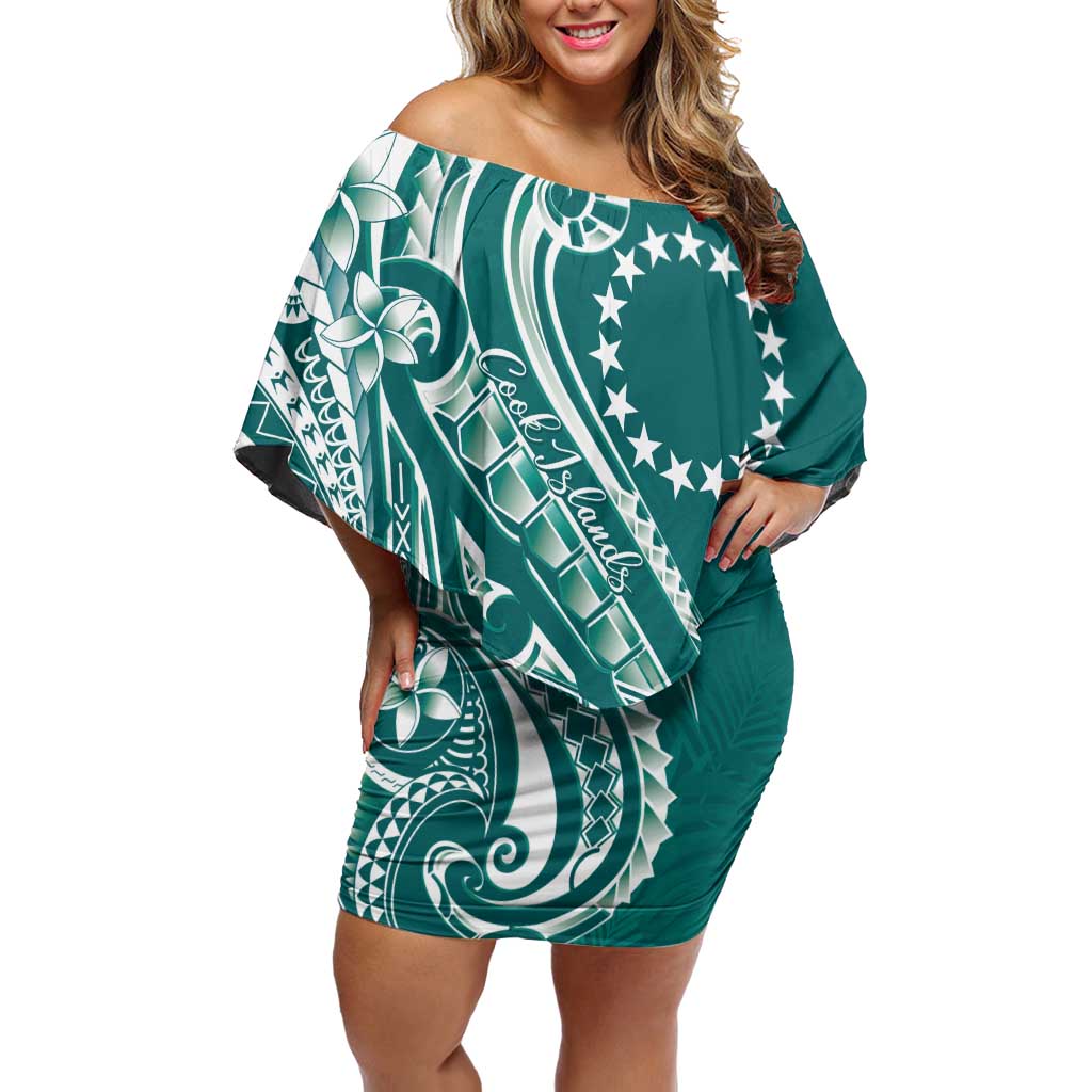 Kia Orana Cook Islands Off Shoulder Short Dress Teal Plumeria Tropical Waves - Polynesian Pride