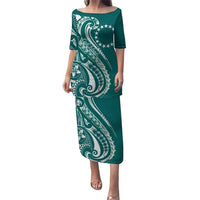 Kia Orana Cook Islands Puletasi Teal Plumeria Tropical Waves - Polynesian Pride