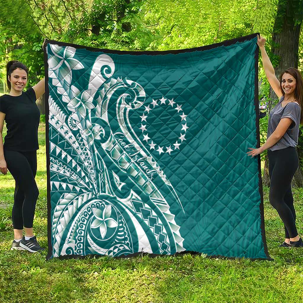 Kia Orana Cook Islands Quilt Teal Plumeria Tropical Waves - Polynesian Pride