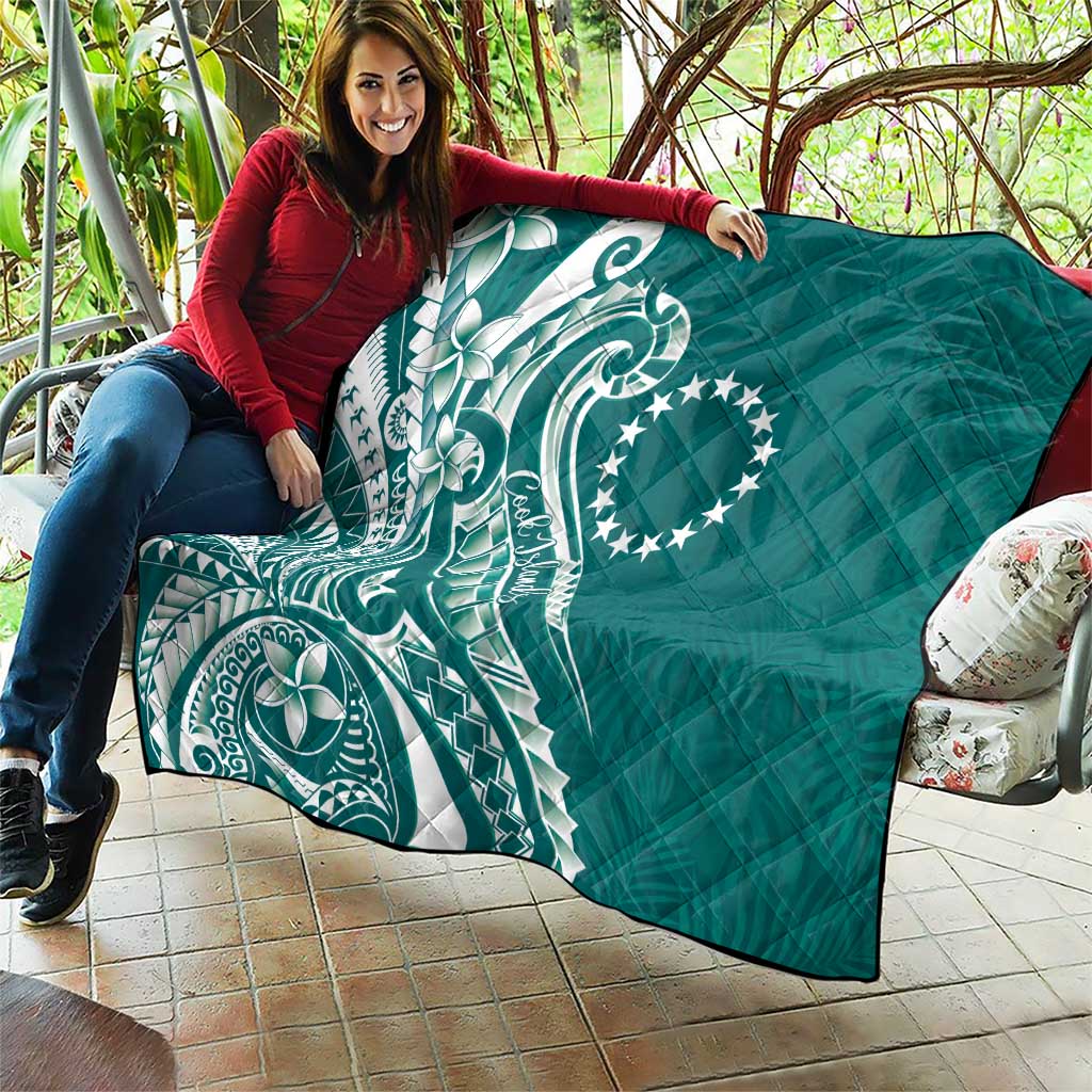 Kia Orana Cook Islands Quilt Teal Plumeria Tropical Waves - Polynesian Pride