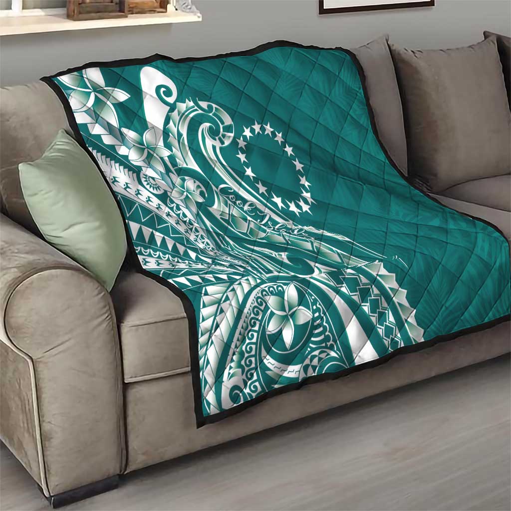 Kia Orana Cook Islands Quilt Teal Plumeria Tropical Waves - Polynesian Pride