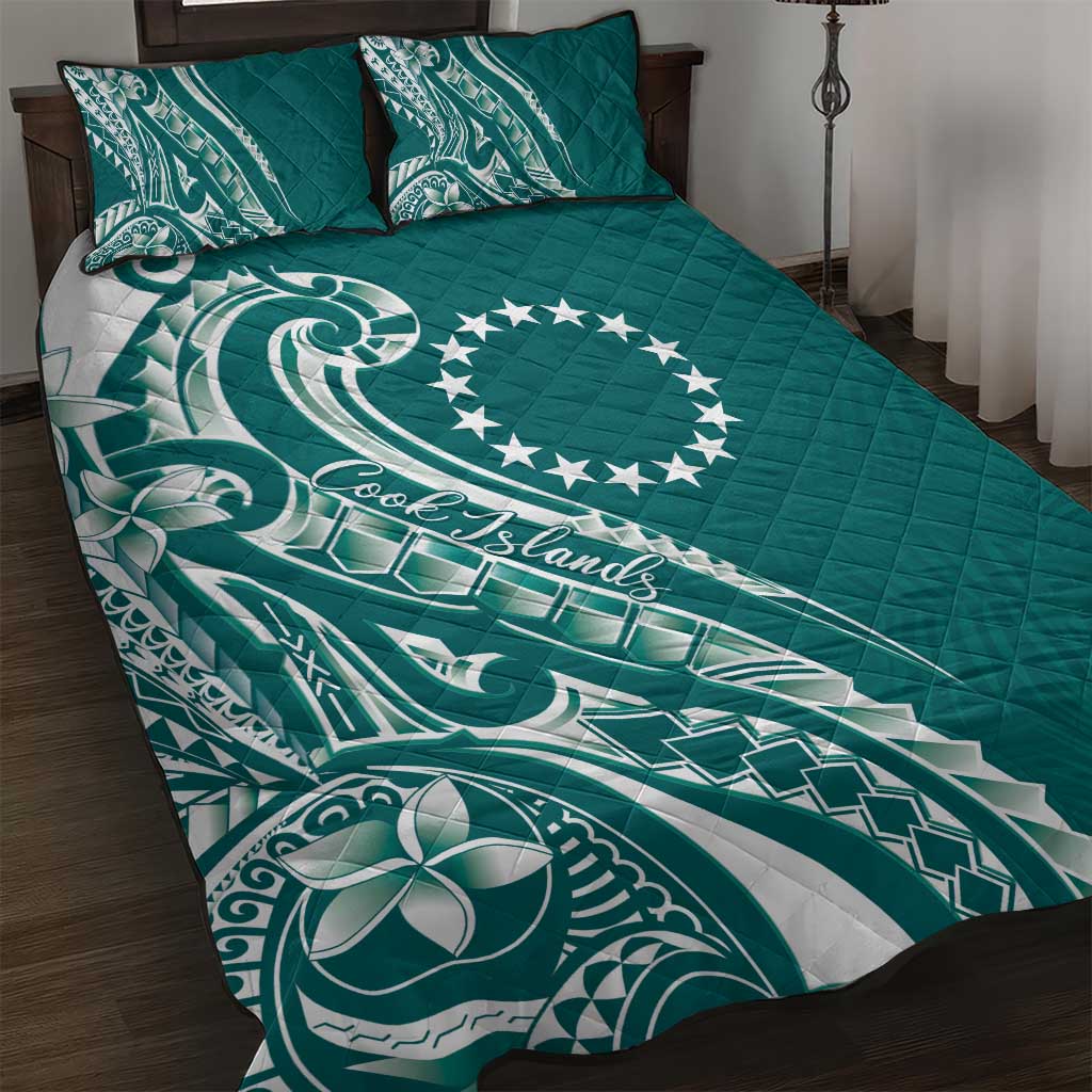 Kia Orana Cook Islands Quilt Bed Set Teal Plumeria Tropical Waves - Polynesian Pride
