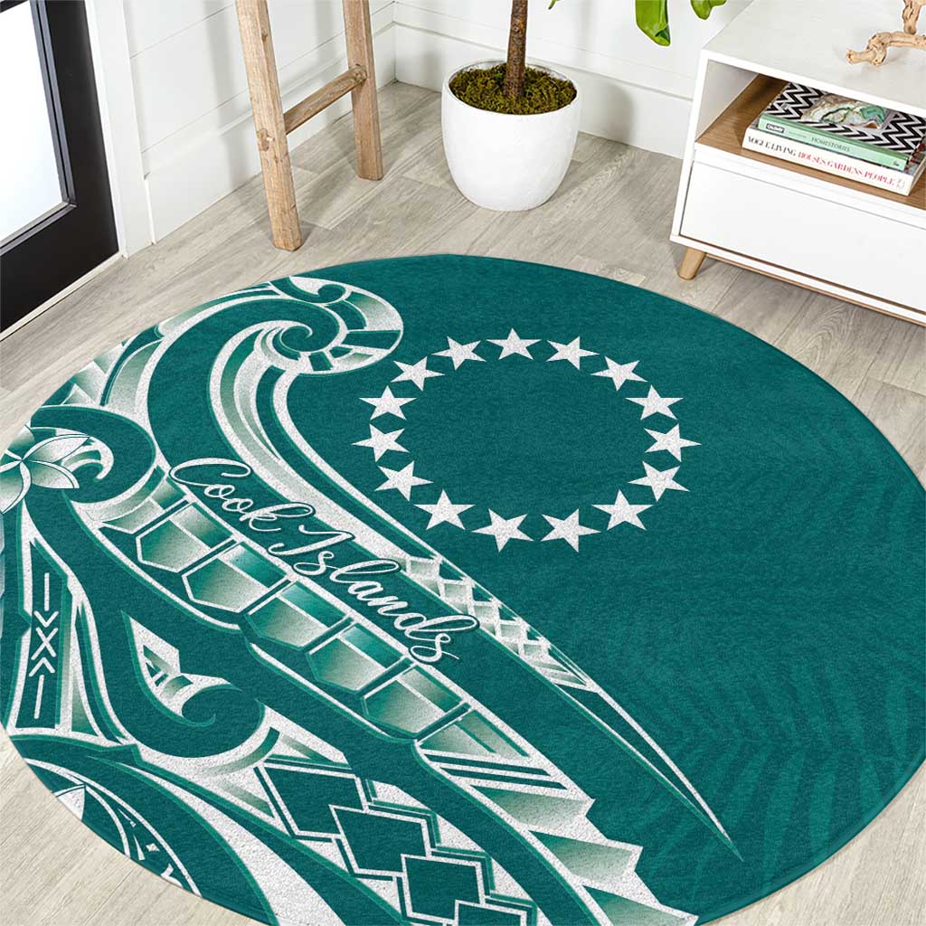 Kia Orana Cook Islands Round Carpet Teal Plumeria Tropical Waves - Polynesian Pride