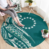 Kia Orana Cook Islands Round Carpet Teal Plumeria Tropical Waves - Polynesian Pride