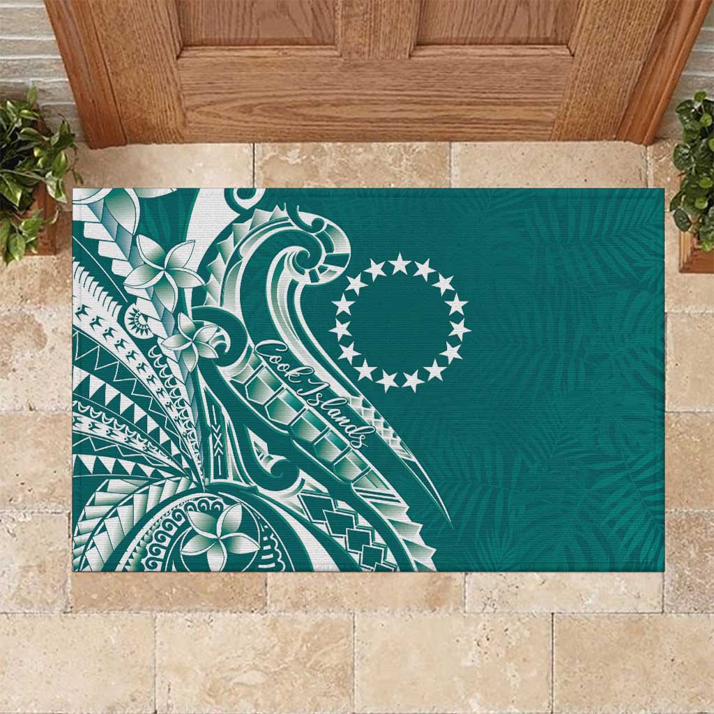 Kia Orana Cook Islands Rubber Doormat Teal Plumeria Tropical Waves - Polynesian Pride